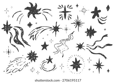 Estrella chispa crayón bling estrellas caídas texturizado dibujado a mano boceto. Elementos brillantes festivos del espacio de la tiza simple, luces festivas 