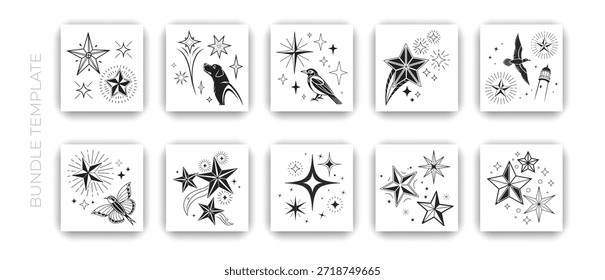 Paquete de ilustración de arte de línea celestial de estrella y brillo en blanco y negro