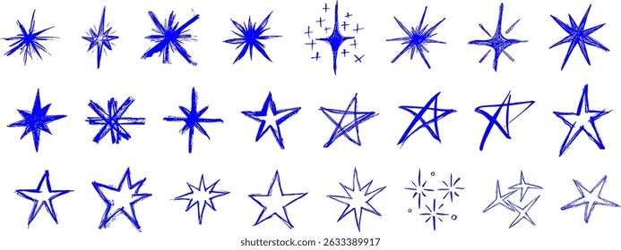 Star Sparkle Doodle Ink Brush Stroke Drawing Vector Set