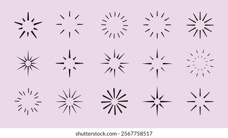 Star sparkle doodle set vector. Starburst icon set. Sparkle star firework icons. Sunburst and starburst icons. Star sparkle and starburst icon vector set. Starburst firework symbol for logo.