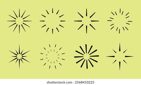 Star sparkle doodle set vector. Starburst icon set. Sparkle star firework icons. Sunburst and starburst icons. Star sparkle and starburst icon vector set. Starburst firework symbol for logo.