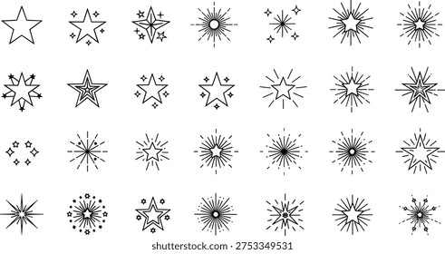 Star and sparkle icons set with magic stars shining sunbursts and glitter effects cad drawing flat vector illustration black outline.