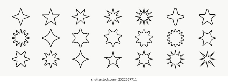 Star sparkle outline doodle set vector. Hand drawn star glitter sparks outline. Sparkle and starburst icons. Glittering spark star outline shapes. Shiny line firework star outline icon.