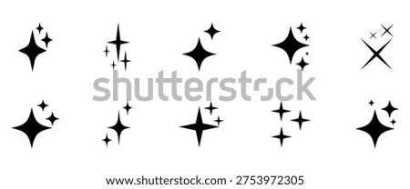 Star sparkle and shine icon collection. Sparkle icons set Vector blink star for logo, sparkle clipart. A horizontal array of various black eight pointed sparkle shapes and shining star icons on white background.