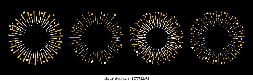 Star sparkle sunburst round frame set. Festive fireworks. Golden shine line burst. Merry Christmas. Happy New Year decoration. Cracker light. Firecracker burst. Flat design. Black background. Vector