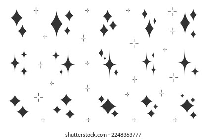 Conjunto de siluetas negras de la plantilla de brillo de estrella. Esténcil adhesivo diseño en blanco impresión a mano noche cielo mágico luz brillante brillo cósmico decoración abstracta brillo de constelación aislado