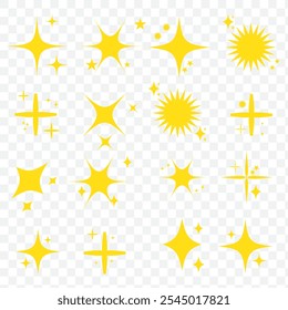 Brillo de estrella y centelleo. Estallido de estrellas, estrellas relámpago. Iconos aislados de la explosión estelar del Vector, siluetas negras, luces brillantes y chispas de rayos brillantes brillantes y efecto de la llamarada. Brillo mágico, brillo brillante.