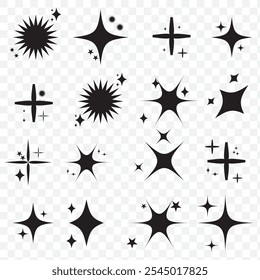 Brillo de estrella y centelleo. Estallido de estrellas, estrellas relámpago. Iconos aislados de la explosión estelar del Vector, siluetas negras, luces brillantes y chispas de rayos brillantes brillantes y efecto de la llamarada. Brillo mágico, brillo brillante.