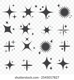 Brillo de estrella y centelleo. Estallido de estrellas, estrellas relámpago. Iconos aislados de la explosión estelar del Vector, siluetas negras, luces brillantes y chispas de rayos brillantes brillantes y efecto de la llamarada. Brillo mágico, brillo brillante.