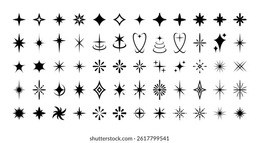 Stern funkelt doodle Elemente, schwarz glänzend funkeln Blitz von verschiedenen Formen und geometrische Formen Set