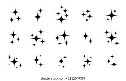 Star sparkles icons set. Vector black glittering and sparkling star light particles isolated on white background