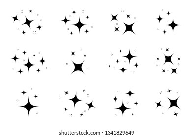 Star sparkling set. Twinkling cartoon. Black glittering star sparkle light particles. Shiny sun set rays. Sparkle background. Twinkle lights vector