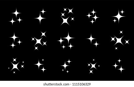 Star sparkling or twinkling cartoon set. Vector white glittering star light particles isolated on black background