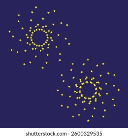 Star spiral icons. Yellow vector symbols. Blue background design. Galactic pattern shapes.