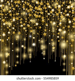 Star splashes, blurred spots, vertical golden lines, glittering space dust, magic cosmic rays, bright shimmer beams isolated on black vector illustration. Salute elements background isolated pattern.