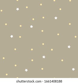 Star and spot vector seamless pattern with a neutral khaki beige background and simple dot and cosmic objects to print on boy bedding textile, bodysuit fabric or wallpaper. 