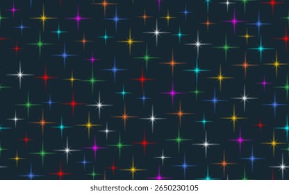 Star sprinkles decorative seamless pattern colorful confetti for holiday birthday party celibration lights ornamental vector texture packaging wrapping paper print on dark background