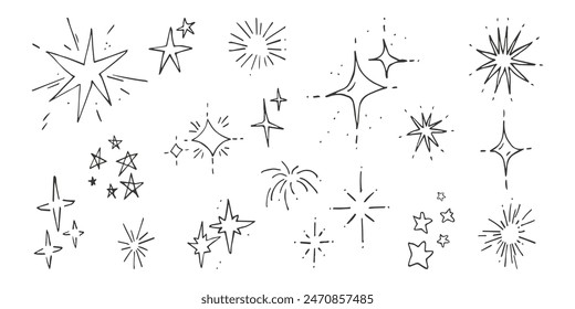 Star and starbursts doodle set. For the design of surfaces, prints, wrapping paper, cards, posters, banners, printing