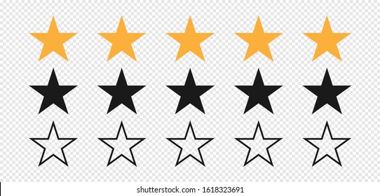 Star. Stars Rating. Set Of Five Stars Yellow And Black Color. Quality Symbol. Feedback Concept. Linear Design. Stars Vector Icons Isolated On Transparent Background. Vector Illustration