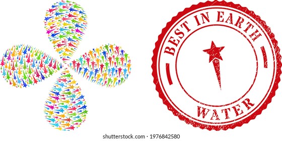 Star start multicolored rotation abstract flower, and red round BEST IN EARTH WATER textured seal. Star start symbol inside round seal. Element flower organized from scattered star start symbols.