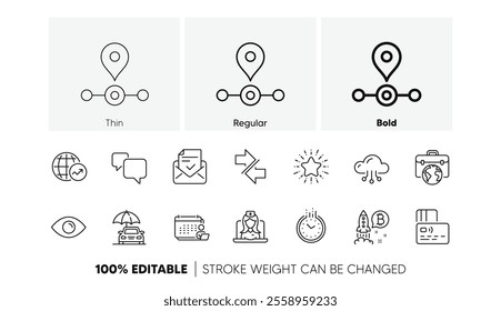 Star, Station and Synchronize line icons. Pack of World statistics, Businessman case, Eye icon. Bitcoin project, Cloud computing, Card pictogram. Approved mail, Time, Car insurance. Line icons. Vector