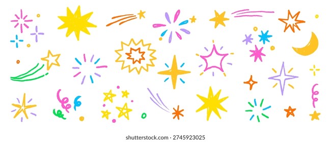 Star sticker crayon texture icon set. Star icon kid sketch hand drawn line marker crayon brush color texture..Cute cartoon funny childish magic twinkle glow pastel decoration. Vector illustration.