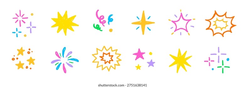Star sticker crayon texture icon set. Star icon kid sketch hand drawn line marker crayon brush color texture..Cute cartoon funny childish magic twinkle glow pastel decoration. Vector illustration.