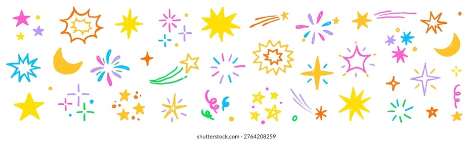 Star sticker crayon texture icon set. Star icon kid sketch hand drawn line marker crayon brush color texture..Cute cartoon funny childish magic twinkle glow pastel decoration. Vector illustration.