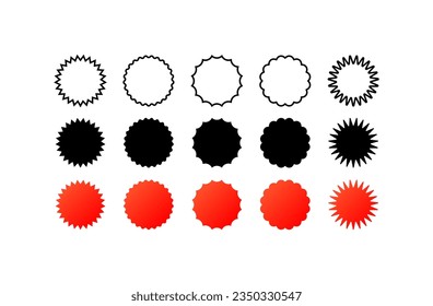 Star stickers. Different style, color, starburst stickers, gear icons. Vector icons