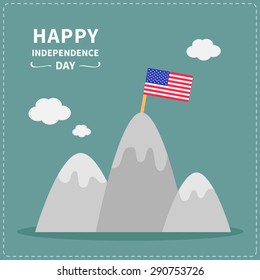 Star and strip flag on the top of mountain Happy independence day United states of America. 4th of July. Flat design Vector illustration