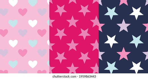 Star and Stripe Vector Patterns set Bright Colorful Pattern Lovely Nursery Art for Card, Invitation, Wall Art, Baby Girl Party.