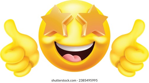 A star struck emoticon face icon with stars for eyes giving a thumbs up cartoon 