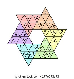 Star Sudoku colorful number game for beginners stock vector illustration. Unusual triangular sudoku puzzle - place numbers 1-9 into the small triangles of each large triangle and each line just once 