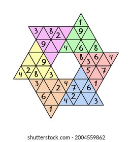 Star sudoku game for adults and children vector illustration. Colorful unusual sudoku puzzle. Complete puzzle - place number 1-9 to big triangle, horizontal and vertical lines  just once