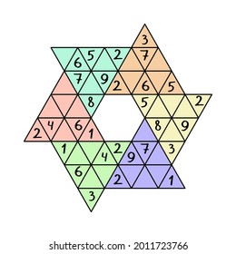 Juego Star sudoku para ilustración vectorial infantil. Usar reglas sudoku en el inusual rompecabezas. Llena los triángulos grandes y las líneas horizontales y diagonales por números de 1 a 9