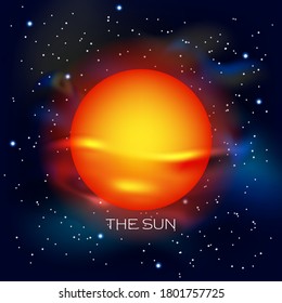 Star sun. Against the background of outer space with stars and cosmic dust. Vector illustration