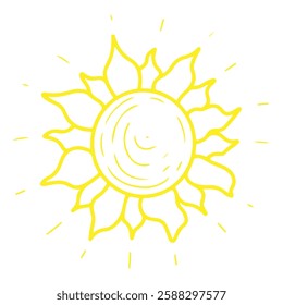 Star sun. Hand drawn doodle. Shiny celestial body. Source of daylight. Space object. Sunny weather. Summer season. Astronomy. Decorative element. Vector line art illustration.