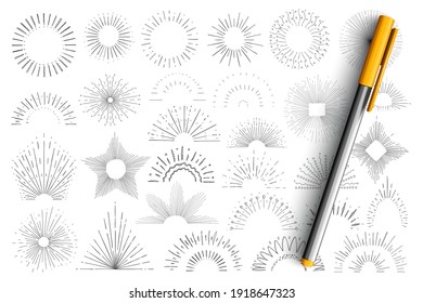 Star and sun rays doodle set. Collection of hand drawn minimal silhouettes of sun and star with out coming rays in different directions isolated on transparent background