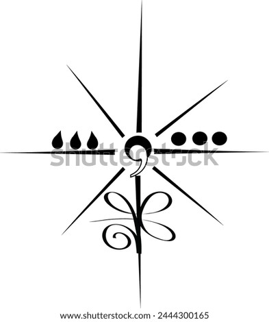 Star, Sun, three dots, three tears, a semi colon and a Sanskrit unconditional love, vector black line design, drawing tattoo. Inspirational, motivational design.	