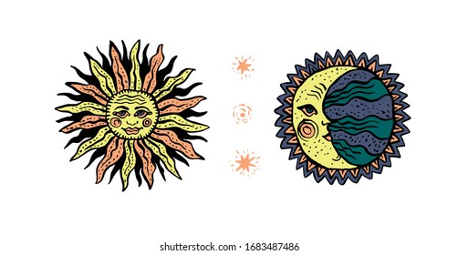 Star, sun, vintage, astrology design elements. Detailed hand drawn  illustration. 