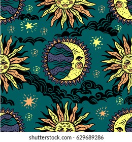 Star, sun, vintage, astrology, shawl, bandanna, pillow, scarf. Seamless pattern. Detailed |hand drawn design. Fashion ornament, Batik, square.