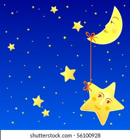 A star is suspended from a crescent moon. Vector illustration