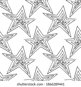 Sternschwirl nahtloses Muster. Verpackungspapier, Stoff, Hintergrund, Tapete. Skizze handgezeichnet Doodle. Vektorskandinavischer Monochrom-Minimalismus.