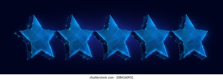 Star symbol digital wireframe made of connected dots. Review sign low poly vector illustration on blue background.