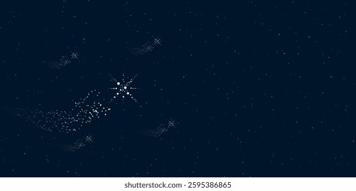 A star symbol filled with dots flies through the stars leaving a trail behind. Four small symbols around. Empty space for text on the right. Vector illustration on dark blue background with stars