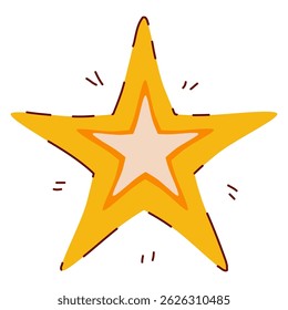 Star Symbol in Hand Drawn Style with Subtle Line Decorations. Golden Christmas star shape isolated on white background. Cute doodle icon perfect for cards, banners, Holiday events, posters, web