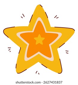 Star Symbol in Hand Drawn Style with Subtle Line Decorations in Yellow and Orange Colors. Golden Christmas star shape isolated on white background. Cute doodle icon perfect for cards, banners, Holiday