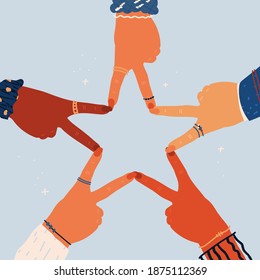 Star symbol with hands of multicultural women. Concept of teamwork, meeting, achievement, goal, rating, win. Referral network program for clients or customers vector illustration. Rating symbol
