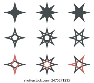 Conjunto de iconos de símbolo de estrella. Varios contornos de forma decorativa colección, gráficos de pictogramas de color negro. Elementos aislados, fondo blanco. Ilustración vectorial para el Diseño web