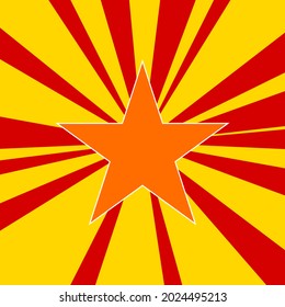 Star symbol on a background of red flash explosion radial lines. The large orange symbol is located in the center of the sun, symbolizing the sunrise. Vector illustration on yellow background